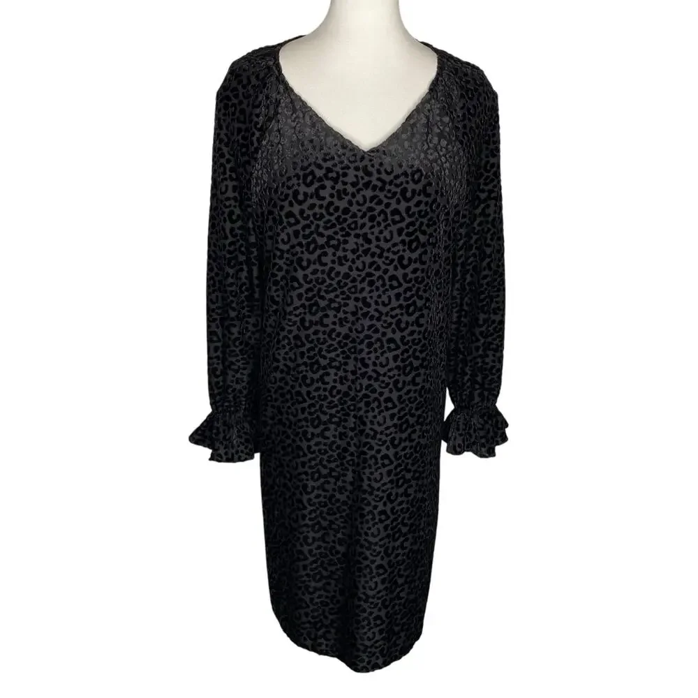 Nine West Velvet Burnout Shift Dress Black Leopard Print Size 16 Holiday Party - Picture 5 of 16